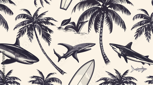 Summer seamless pattern design.Palm tree surfboard