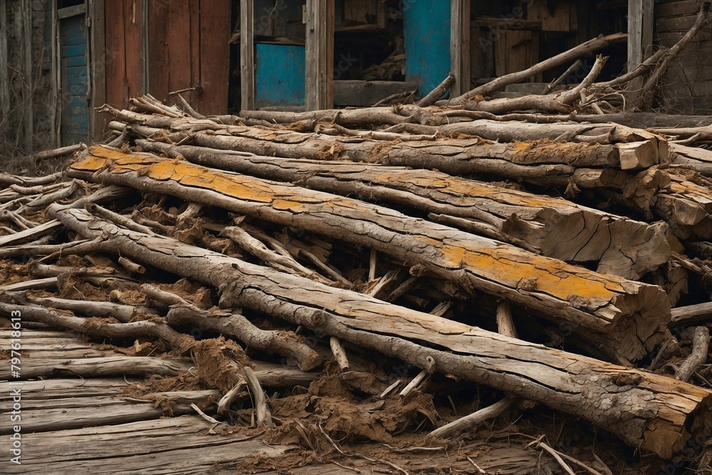 A pile of wood with a yellow stripe on it A pile of wood with a yellow stripe on it