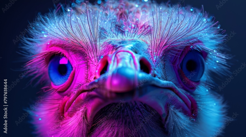 A close up of an ostrich's face with blue eyes
