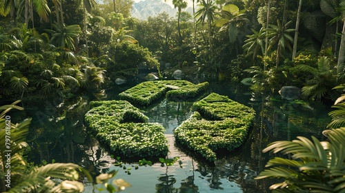 This image shows a photo of a recycling symbol made of wood and leaves in a lush green jungle with water.  