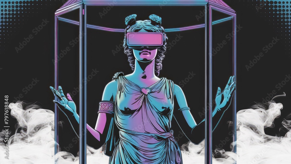 ancient Greek statue of the goddess of love in virtual reality glasses