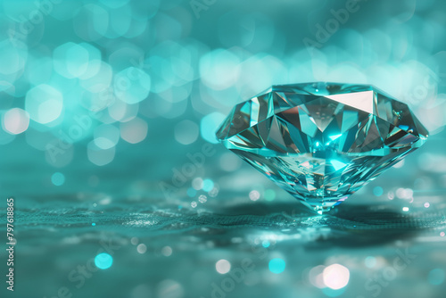 Diamat close-up on turquoise background.  Precious stones  jewelry