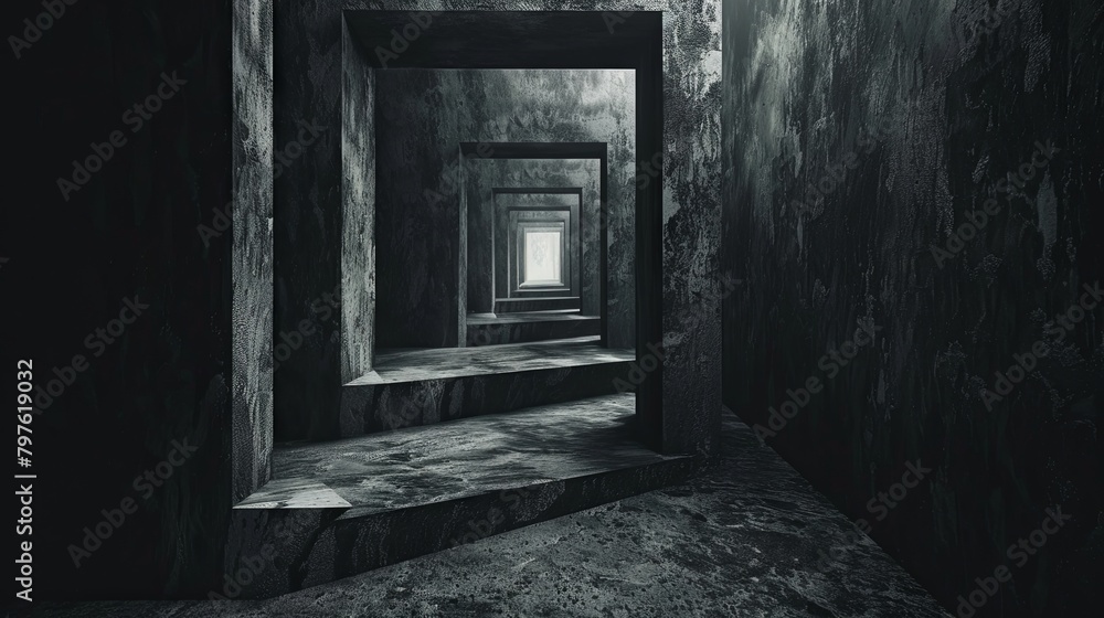 Mysterious infinite tunnel with sequential doorways in monochrome Mysterious infinite tunnel with sequential doorways in monochrome