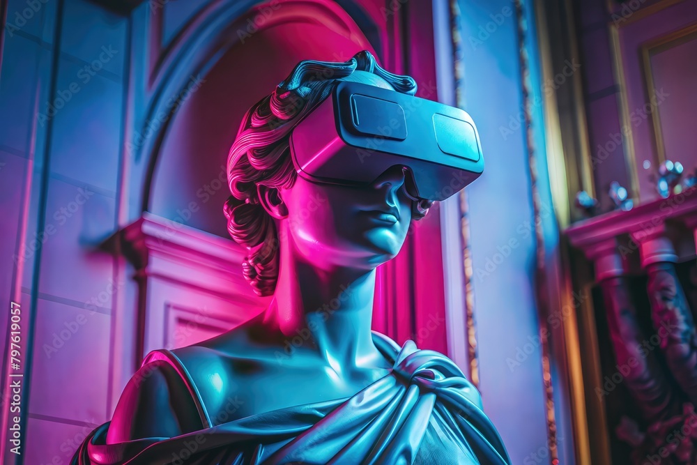 ancient Greek statue of the goddess of love in virtual reality glasses