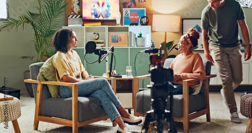 Microphone, interview and women in living room for social media, discussion or live streaming talk show. Podcast, content creation or people in studio hosting current events, news or broadcast speech photo