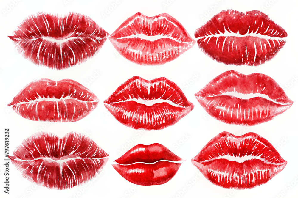 Set of beautiful red lips isolated on white background. Close up. Set of beautiful red lips isolated on white background. Close up.