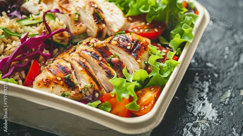 Grilled chicken salad in takeaway container with fresh vegetables and rice