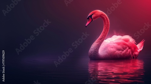 A pink swan is swimming in a body of water