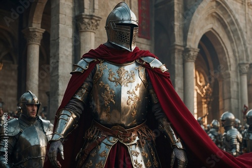 A knight in full armor stands in front of a group of other knights