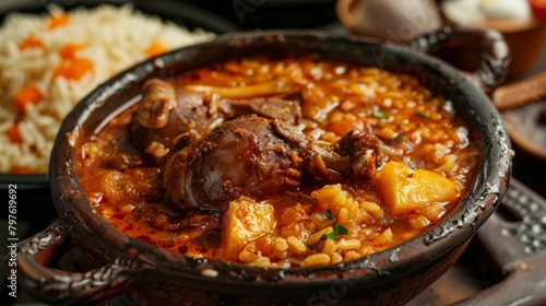 Traditional Angolan cuisine. Kabidela made of rice and poultry or game meat, cooked together with animal blood. photo