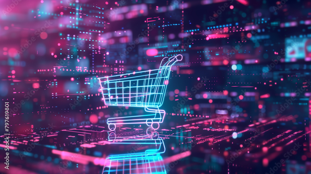 Digital Shopping Cart on Futuristic Neon Circuit Board Background Digital Shopping Cart on Futuristic Neon Circuit Board Background