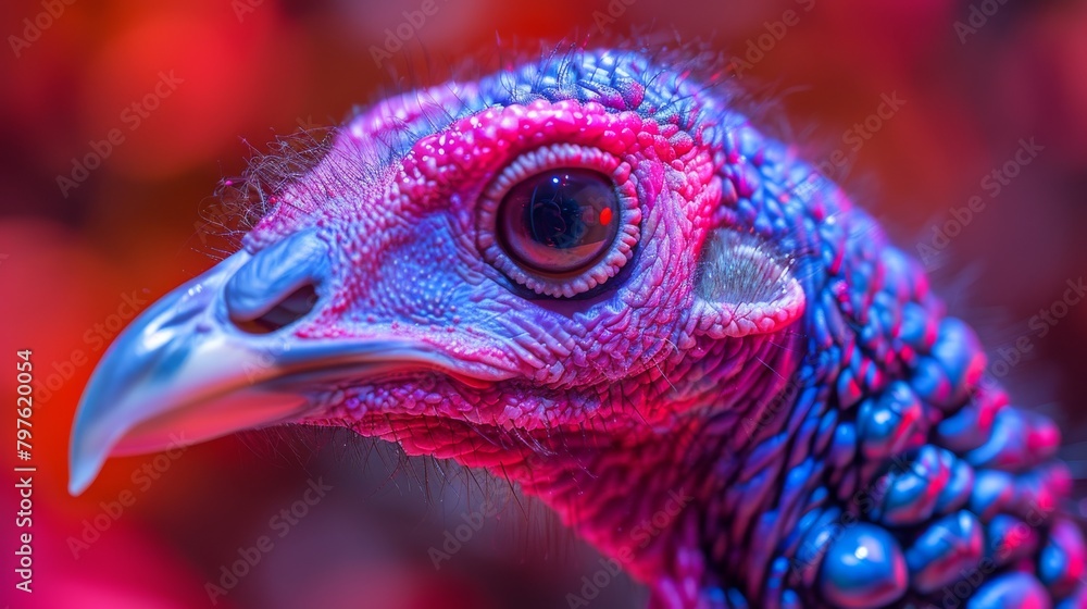 A turkey with a pink face and blue feathers A turkey with a pink face and blue feathers