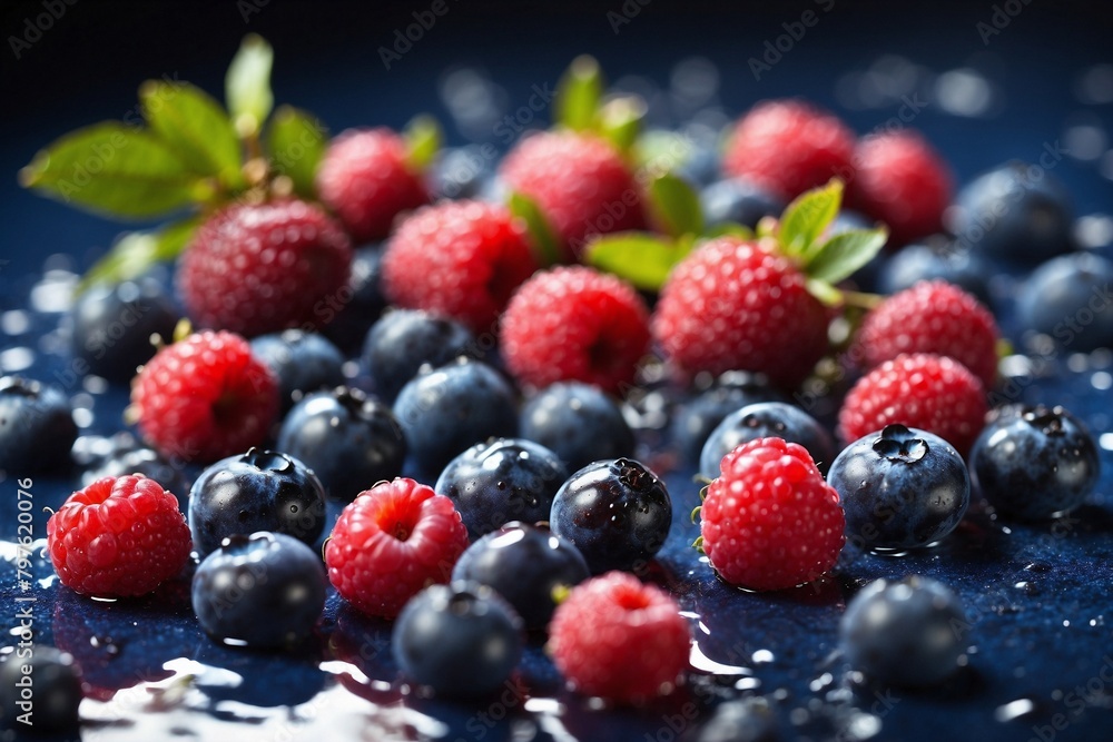 A blue plate with a bunch of blueberries and raspberries A blue plate with a bunch of blueberries and raspberries