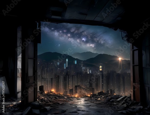 破壊された室内から見る摩天楼と天の川の星空風景 photo