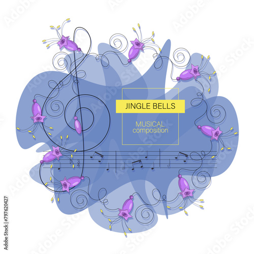 Jingle bells. Musical composition. Square frame. Purple bells. Vector flowers border. Campanula bells on the stem with musical notes. Flower design. Stylized flowers in circle. Vector illustration.