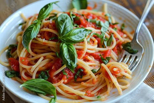 Twirling Spaghetti Delight: Fresh Basil, Rich Tomato Sauce - The Art of Italian Lunch