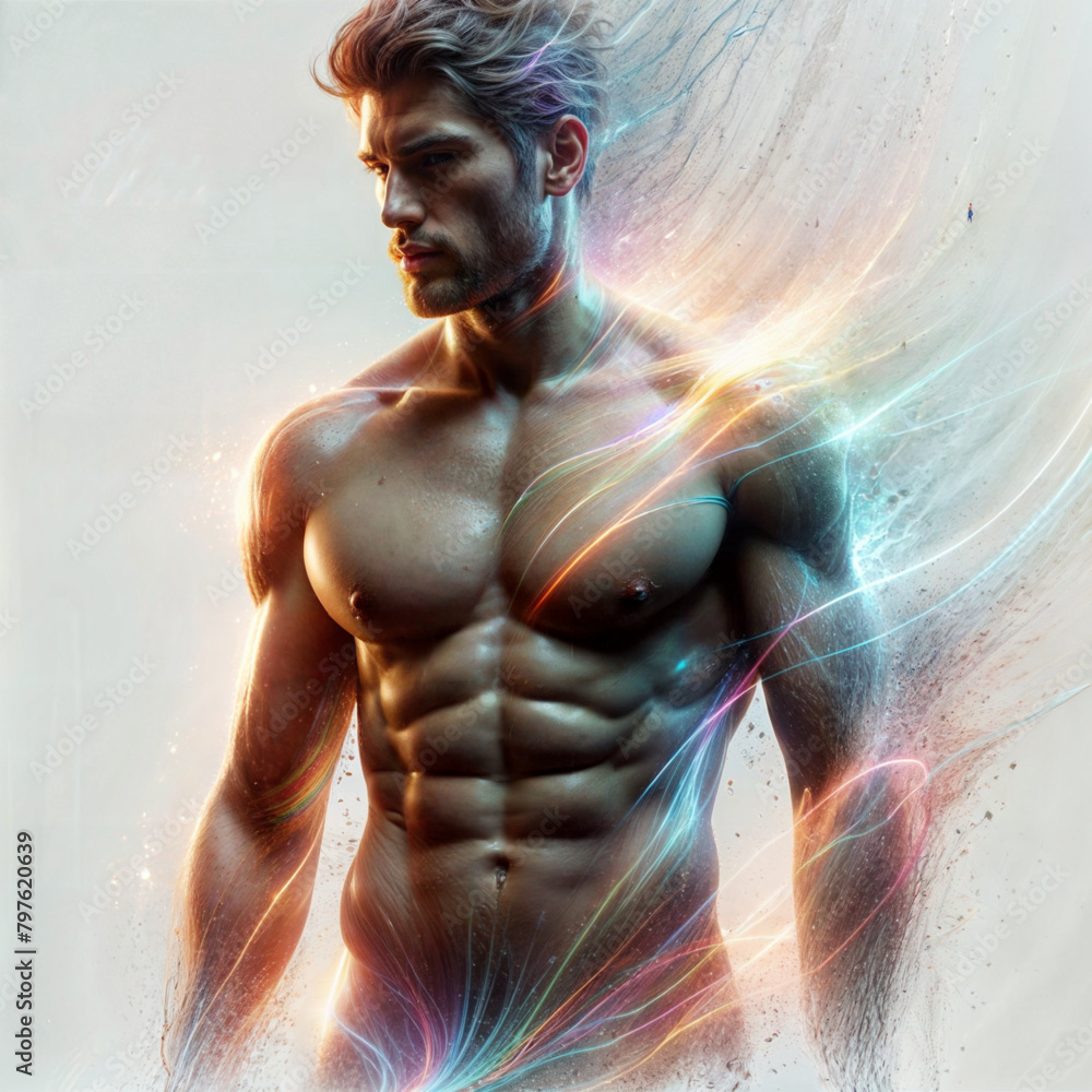 a burly man wearing no shirt, A rainbow of light bathed his body, White background.