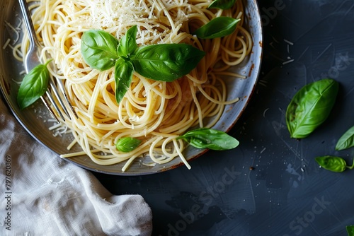 Delizioso Pasta Perfection: Spaghetti with Basil and Cheese Capturing the Heart of Italian Dining photo