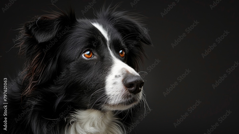 A black and white dog with a sad expression on its face
