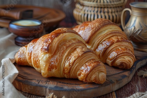 French Butter Croissants on Rustic Background: Artistic Dessert Breakfast Photography