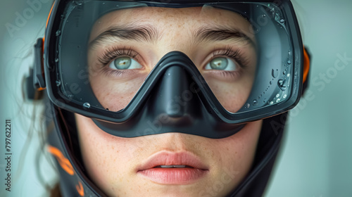 A young blue eyes woman with a scuba rubber hood