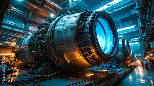 big spaceship or rocket engine in a factory with a  blue light coming from the engine