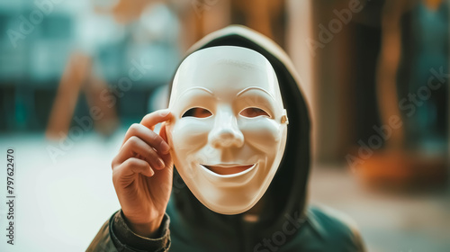 person holds up a smiling mask in front of a face © Design Resources