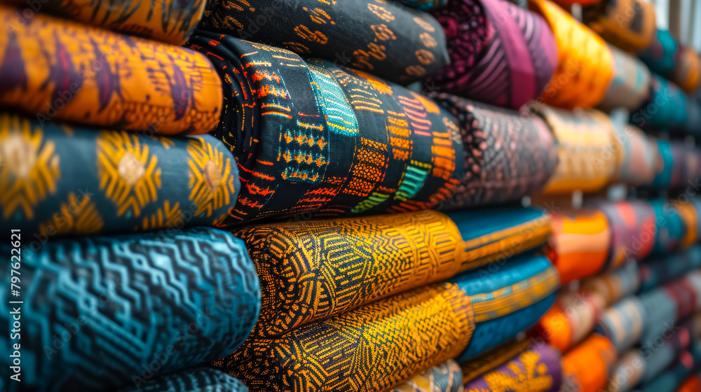 colorful fabrics in a shop shelf