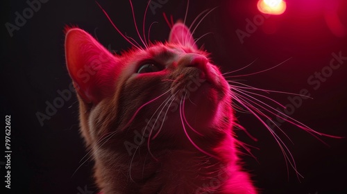 A cat with a pink nose is looking up at a light