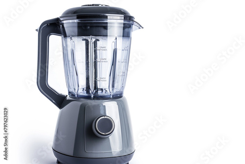 A blender with a wide mouth opening and a removable filler cap isolated on a solid white background.