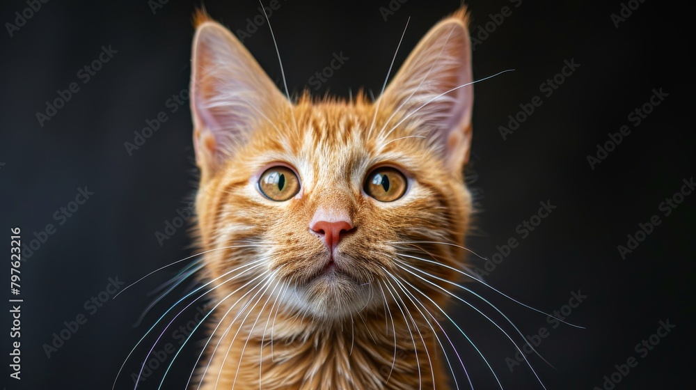 A cat with a long, fluffy tail and a yellow nose is staring at the camera A cat with a long, fluffy tail and a yellow nose is staring at the camera
