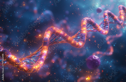 A colorful and detailed illustration of two DNA strands intertwining