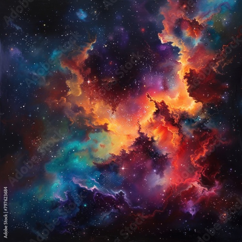Abstract background with colorful nebulae and celestial bodies. 