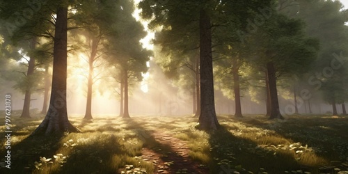 Sun-Dappled Path Winding Through Lush Forest