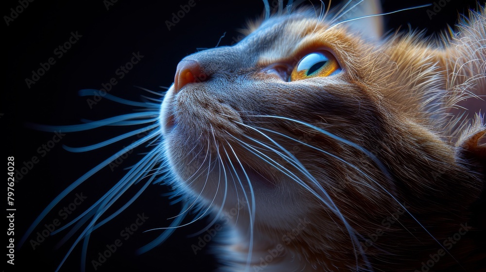 A cat with a long, fluffy tail and a green eye stares at the camera A cat with a long, fluffy tail and a green eye stares at the camera