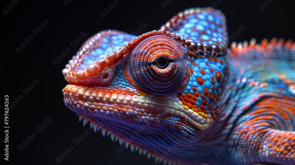 A colorful lizard with a blue head and orange and blue body A colorful lizard with a blue head and orange and blue body