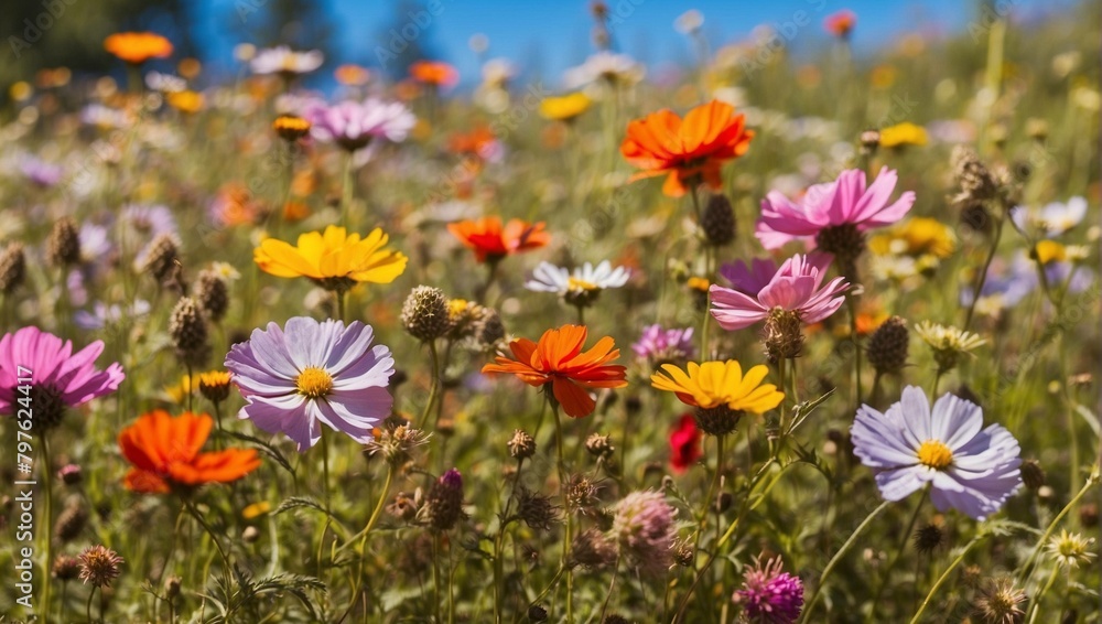 A field full of colorful wildflowers, various shades of pink, orange, yellow, and white. A field full of colorful wildflowers, various shades of pink, orange, yellow, and white.