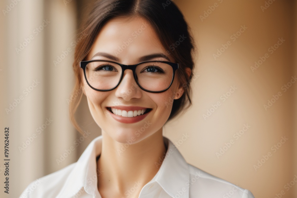 woman secretary wearing glasses with a big smile on face woman secretary wearing glasses with a big smile on face