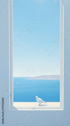 A white dove outside the window with seascape background windowsill seagull nature.