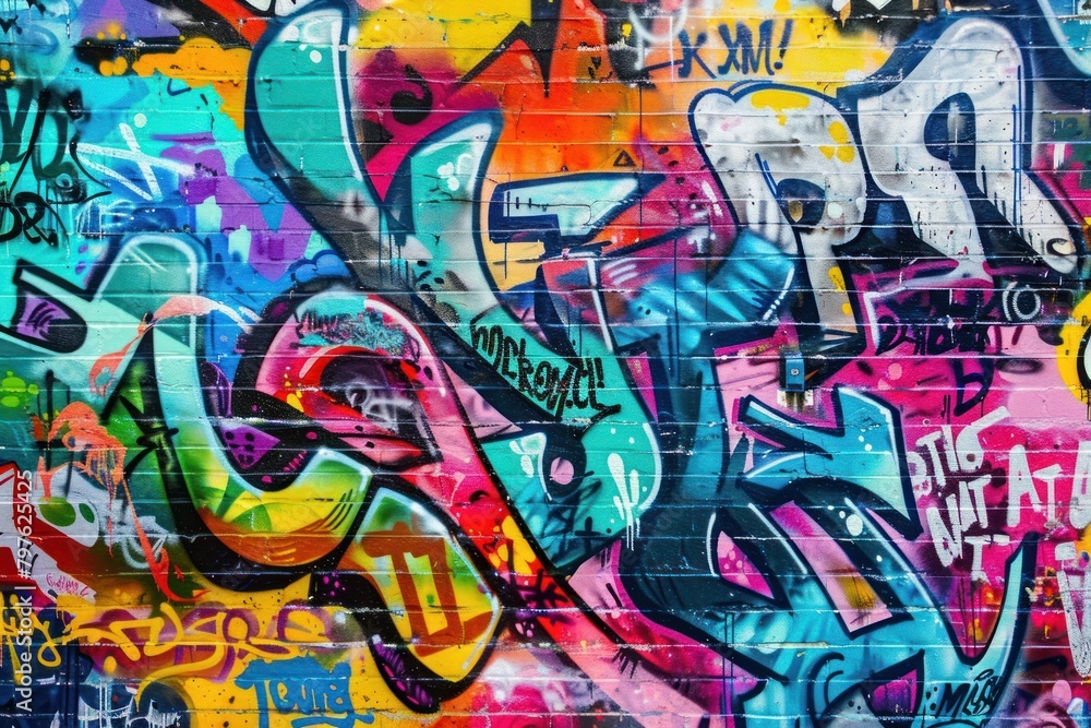 Vibrant graffiti wall backdrop filled with colorful tags, murals, and street art. Thick and dynamic brush strokes used.
