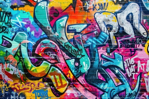Vibrant graffiti wall backdrop filled with colorful tags, murals, and street art. Thick and dynamic brush strokes used. 