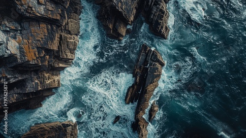 A dramatic aerial view of the ocean, showcasing rocky coastline with cliffs and crashing waves, illustrating raw power