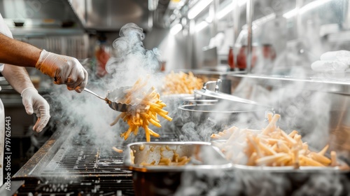 A chef is seen cooking French fries on a sizzling grill, flipping them skillfully in the air photo