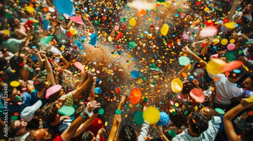 A high-angle shot of a lively crowd joyfully throwing colorful confetti on each other during a festive celebration