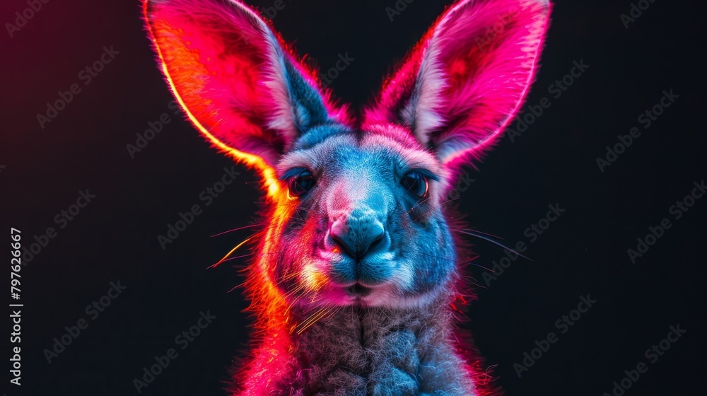Naklejka premium A cartoonish, neon-lit image of a kangaroo with a big smile on its face