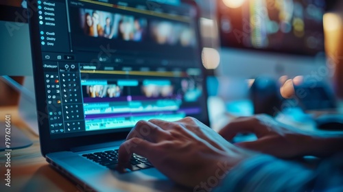 A persons hands working on a laptop computer with video editing software displayed on the screen, placed on a desk