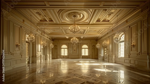 A grand ballroom with high ceilings adorned with chandeliers and large windows  devoid of any occupants