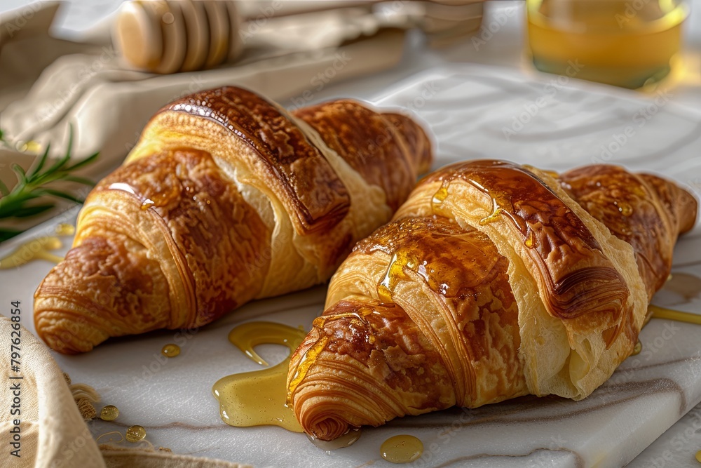 Golden Delights: Honey-Drizzled Croissants on a Warm Buttery Morning Background
