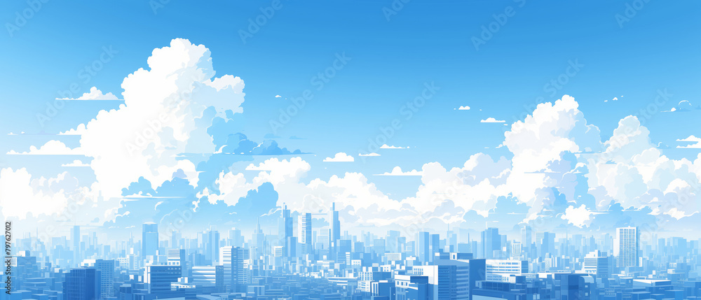 City skyline with a blue sky in the background