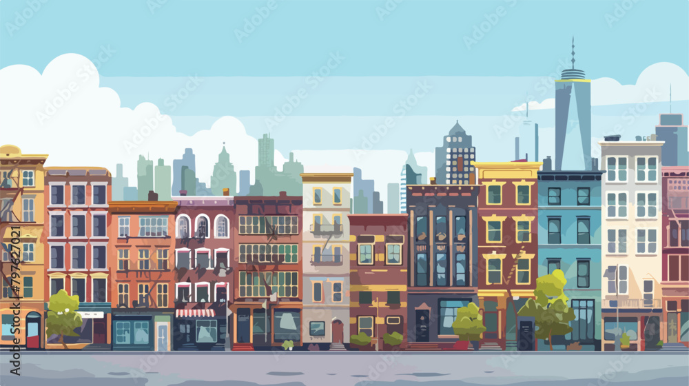 City street panoramic. City life set buildings. Vector